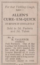 1933 Allen's League Footballers #9 Harry Vallence Back